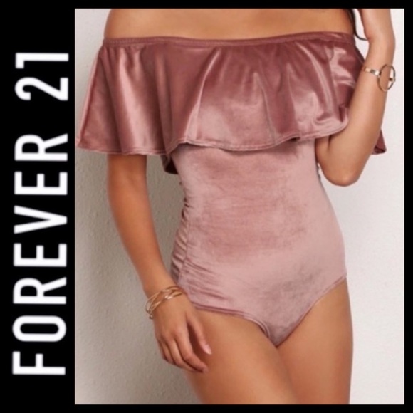 Forever 21 Tops - F21 Velvet Off Shoulder Flounce Bodysuit